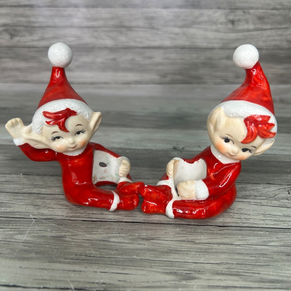 Vintage Ceramic Christmas Elf Taper Candle Hugger Japan Set 2 Red MCM Pixie